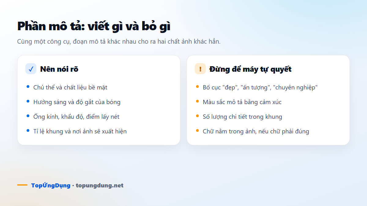 Phần mô tả cho công cụ AI tạo ảnh: nên nói rõ chủ thể, ánh sáng, ống kính, tỉ lệ; tránh để máy tự quyết bố cục và màu